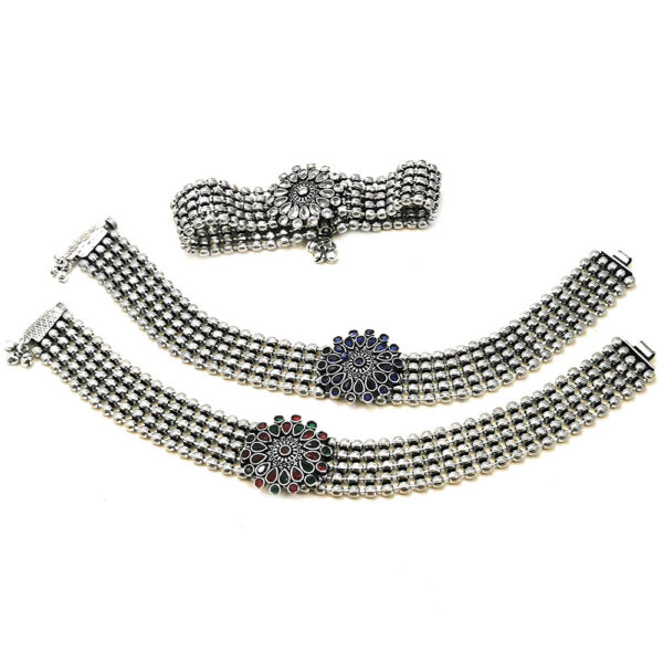 Oxidised Non Precious Metal Floral Stone Design Anklets for Women (Single Leg) - Image 2
