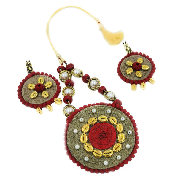 Handmade Jute Fabric and Pearl Long Necklace and Earrings Set