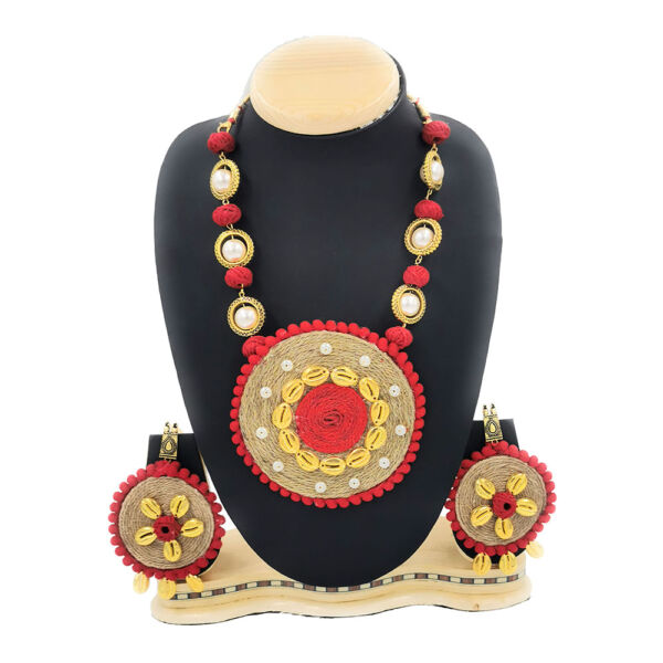 Handmade Jute Fabric and Pearl Long Necklace and Earrings Set - Image 2