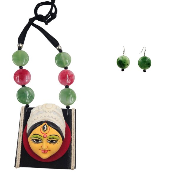 Handcrafted Terracotta Maa Durga Face Necklace Set with  Earrings - Image 2