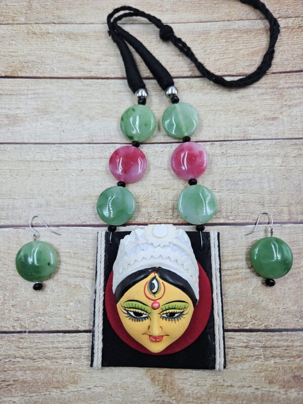 Handcrafted Terracotta Maa Durga Face Necklace Set with  Earrings - Image 4