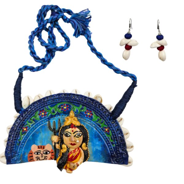 Handcrafted Terracotta Maa Durga & Cowrie Necklace Set with  Earring - Image 2