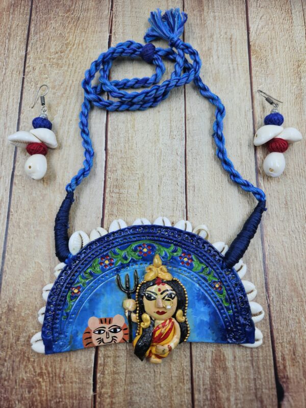 Handcrafted Terracotta Maa Durga & Cowrie Necklace Set with  Earring - Image 4