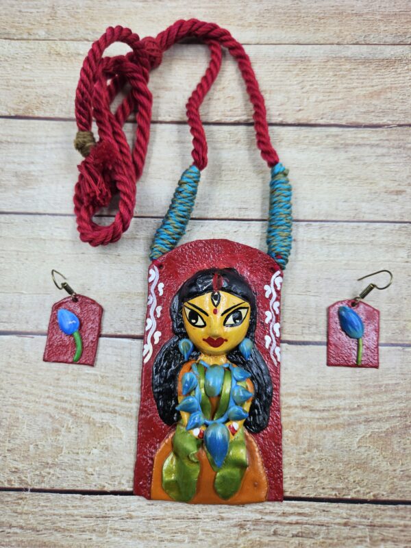 Handcrafted Terracotta Durga Design Necklace Set with Earrings - Image 4
