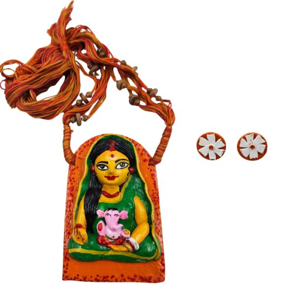 Handcrafted Terracotta Maa Durga & Ganesh Necklace Set with  Earrings - Image 3