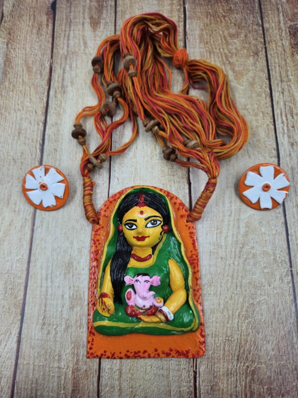 Handcrafted Terracotta Maa Durga & Ganesh Necklace Set with  Earrings - Image 4