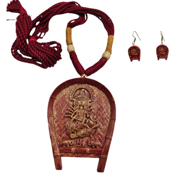 Terracotta Maa Durga Wooden Beads Necklace Set with  Earrings - Image 2