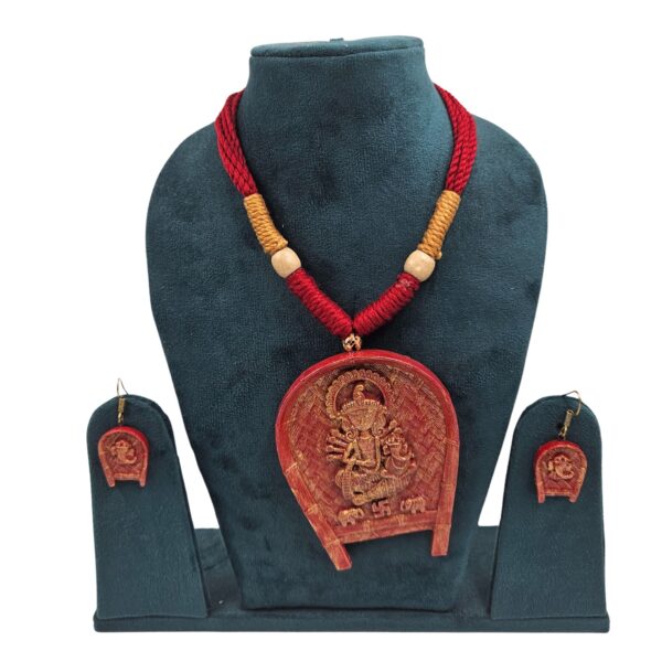 Terracotta Maa Durga Wooden Beads Necklace Set with  Earrings